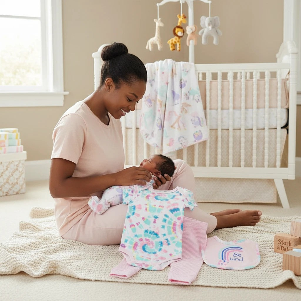 Stork And Baby 'Rainbow' 3-piece baby set with tie-dye bodysuit, pink leggings, and rainbow bib. Mother holding baby.