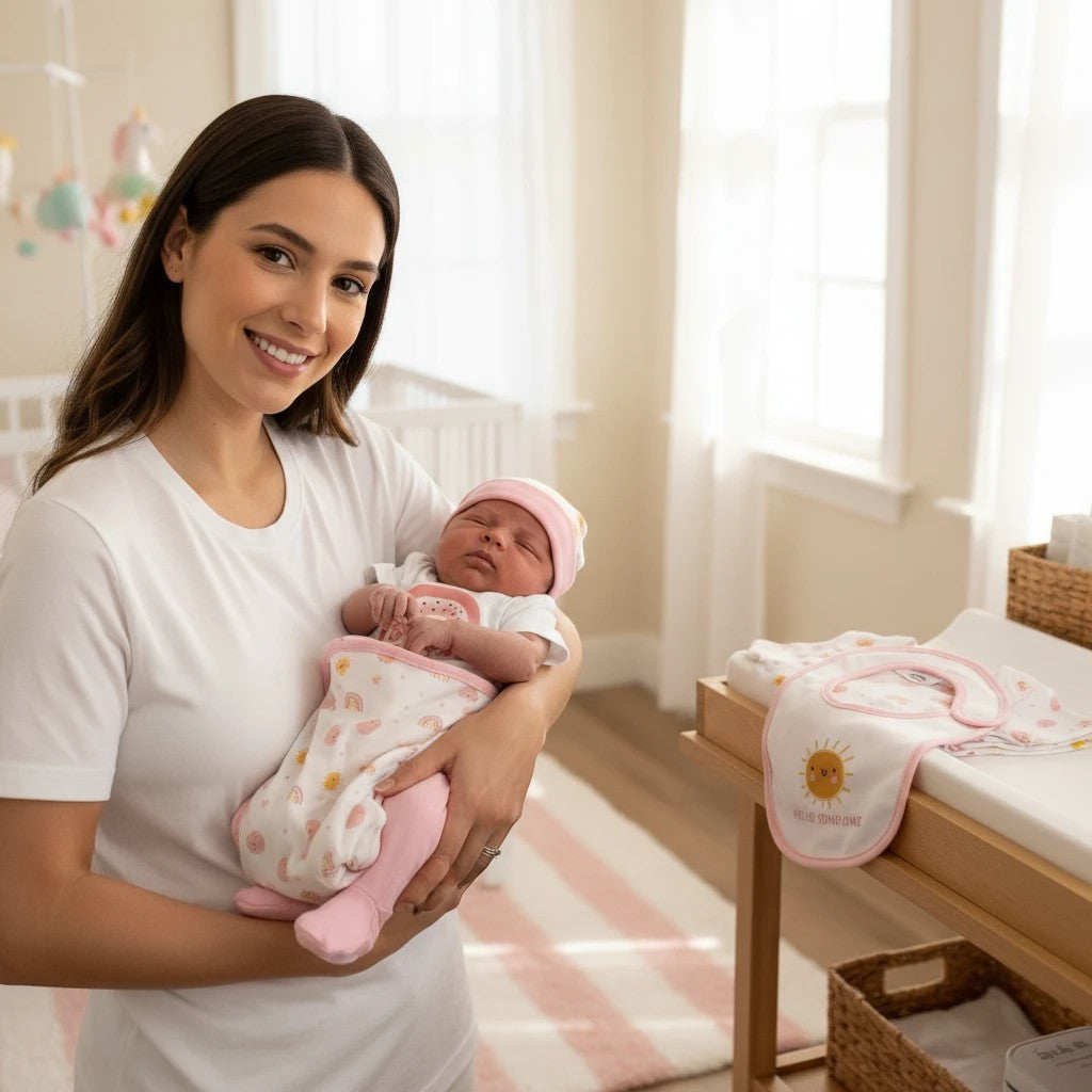 Stork And Baby mother holding a newborn baby girl in a rainbow print sleep sack and pink hat. Nursery setting.