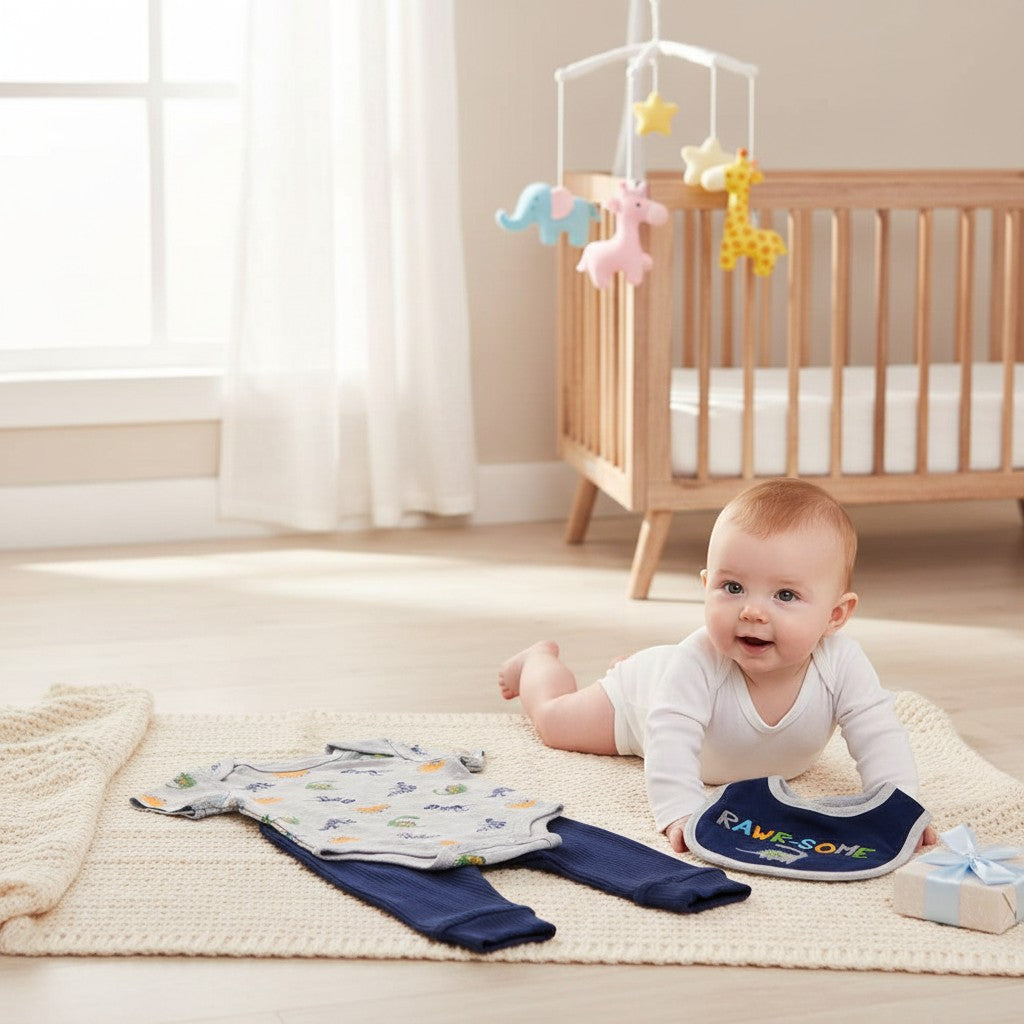 Stork And Baby 'Rawr-Some' 3 piece baby outfit with grey dinosaur print bodysuit, navy pants, and navy bib.