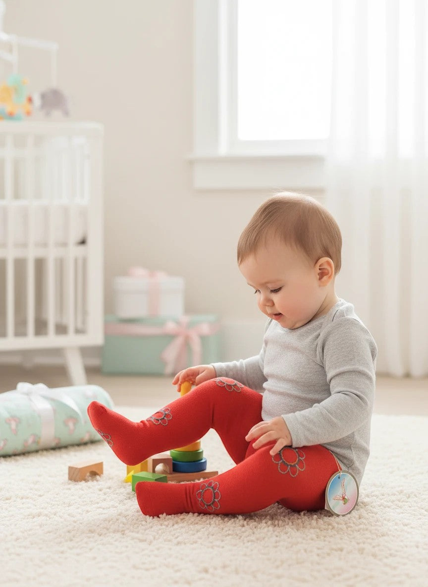 Stork And Baby red tights for infants 0-6 months with floral embroidery and stretchy fit.