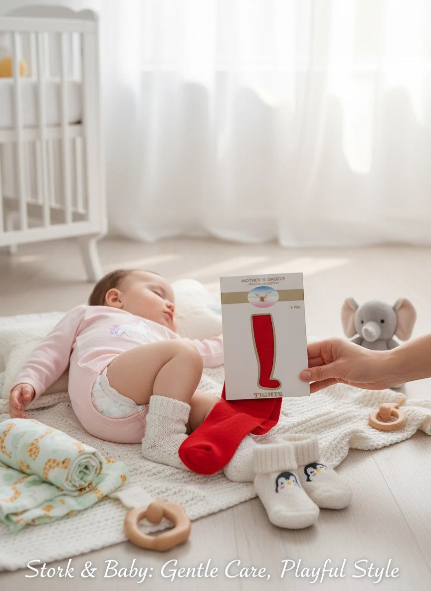 Stork &amp; Baby red tights for infants 0-6 months, soft stretchy fit for all-day wear.