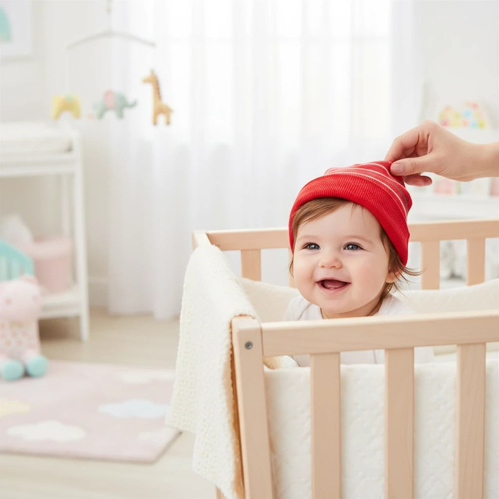 Stork And Baby red striped knit baby hat with soft comfortable fit for chilly weather.