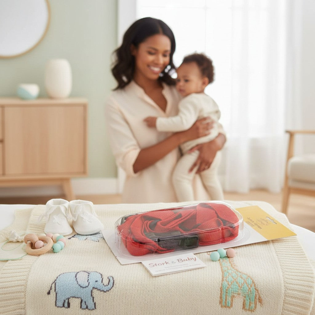 Stork And Baby red toddler walking harness, an essential for active babies exploring outdoors or in busy spaces.