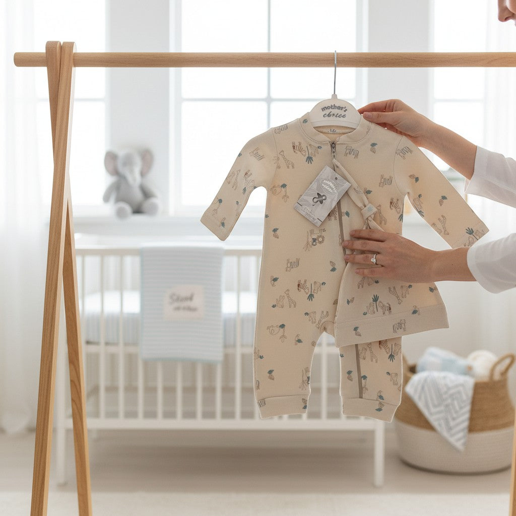 Stork And Baby cream safari print 2-piece baby grower set with matching hat. Soft cotton.