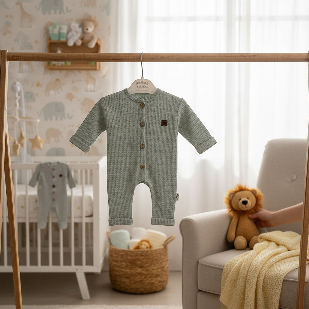 Stork And Baby sage green raised waffle knit romper with wooden buttons and a small brown patch detail.