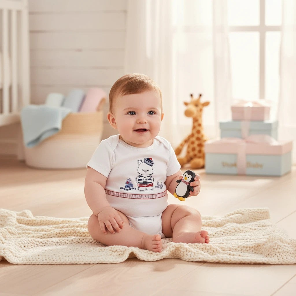 Stork And Baby white 100% combed cotton baby romper with sailor bear design and red trim