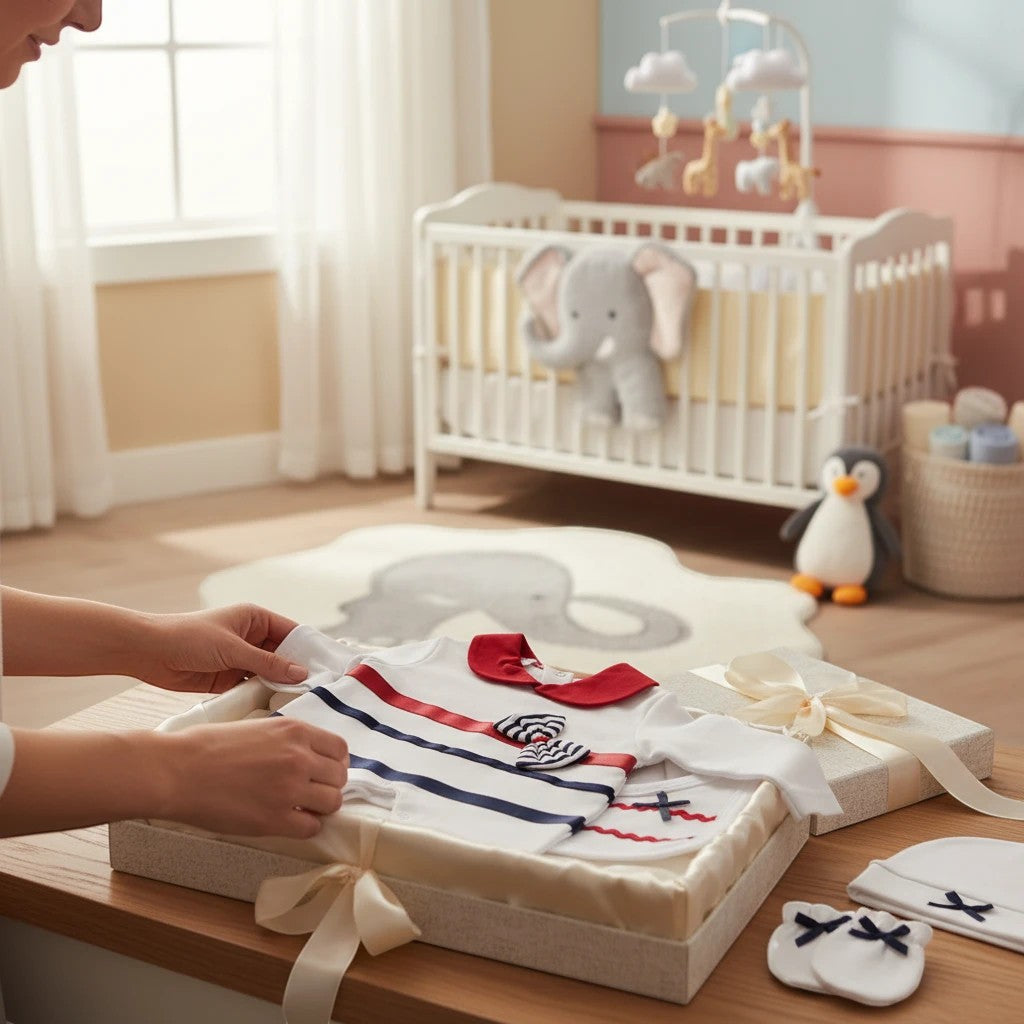 Stork And Baby 4-piece sailor girl starter pack in 100% combed cotton. Includes babygrow, hat, mittens, and bib.