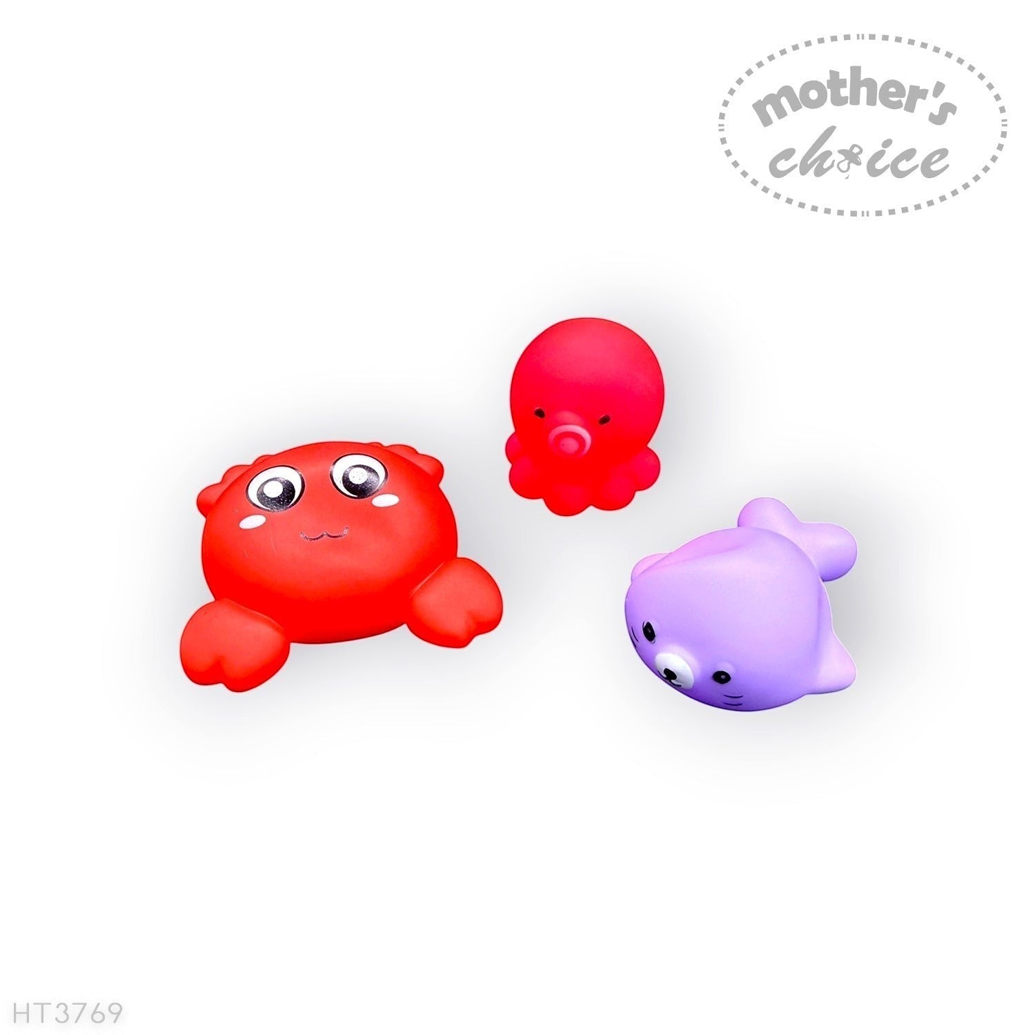 Stork And Baby Mothers Choice set of three colourful sea animal bath toys including a crab, octopus, and whale