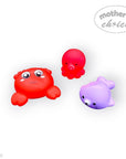 Stork And Baby Mothers Choice set of three colourful sea animal bath toys including a crab, octopus, and whale