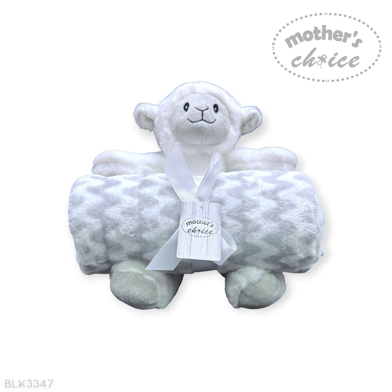 Stork And Baby Mothers Choice plush white sheep toy and soft coral fleece baby blanket set with ribbon gift tag