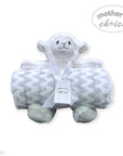 Stork And Baby Mothers Choice plush white sheep toy and soft coral fleece baby blanket set with ribbon gift tag