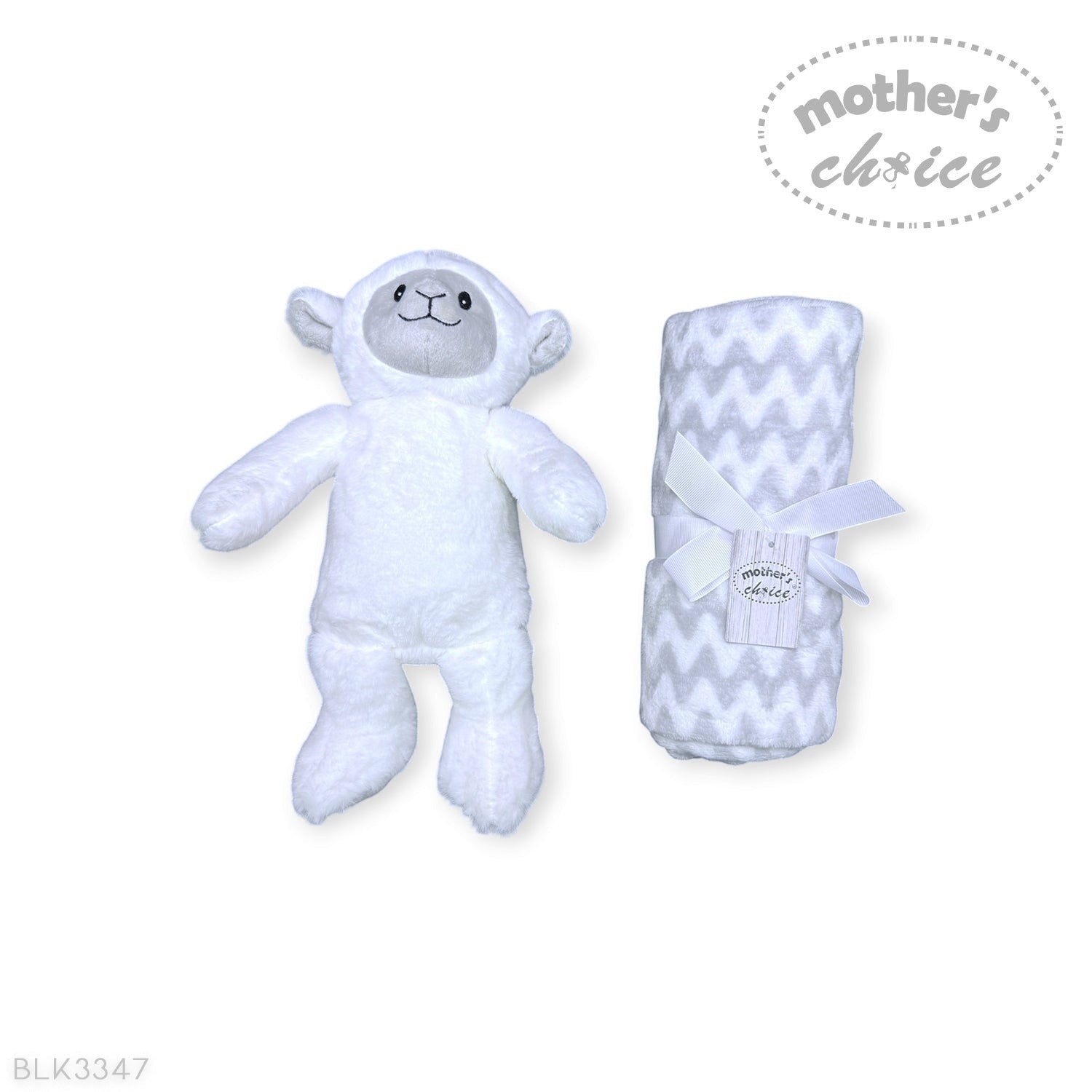 Stork And Baby Mothers Choice plush white sheep toy and grey chevron patterned coral fleece baby blanket set