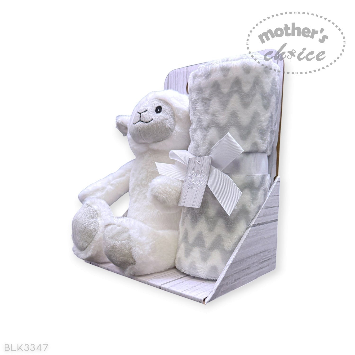 Stork And Baby Mothers Choice plush sheep toy and grey chevron coral fleece baby blanket gift set