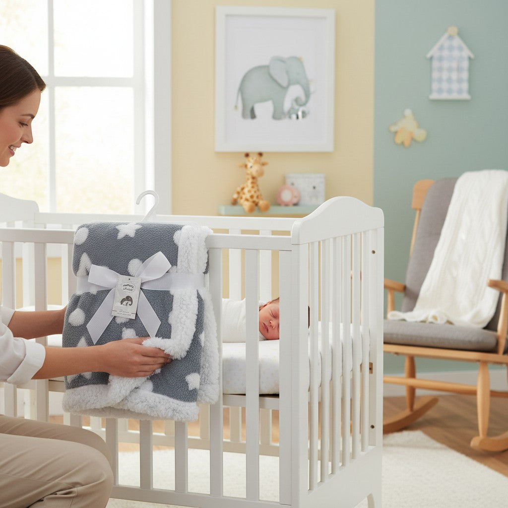 Stork And Baby Mothers Choice Sherpa Fleece Stars Blanket Blue, a soft grey blanket with white stars and polka dots, trimmed with white sherpa fleece.