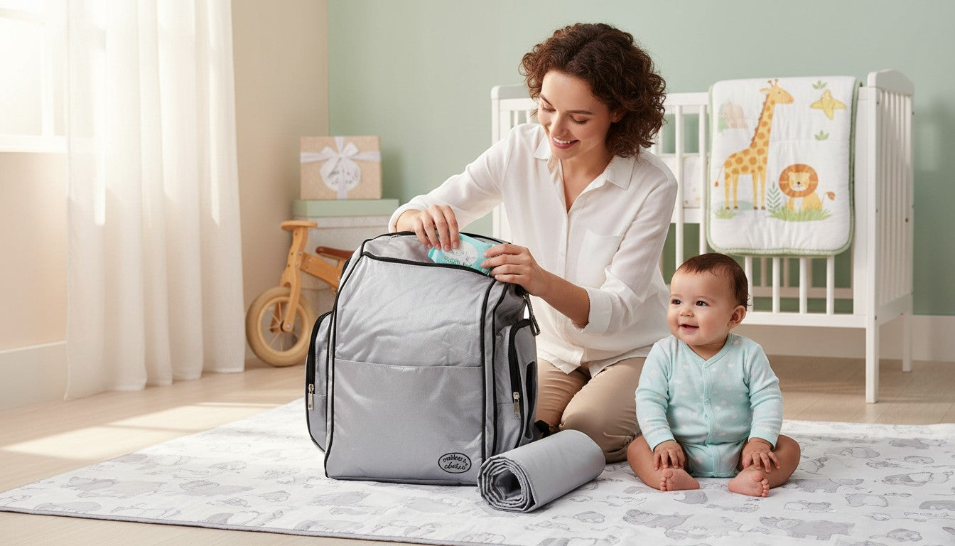 Stork And Baby silver backpack with organized compartments, a changing pad, and a woman packing it next to a baby.