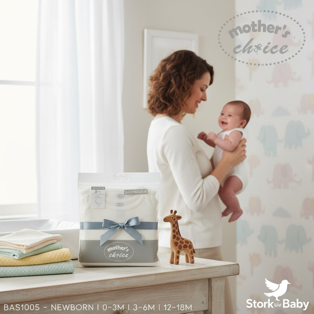Stork And Baby Mother's Choice 3 pack sleeveless white baby bodysuits, soft cotton, perfect for warm weather.