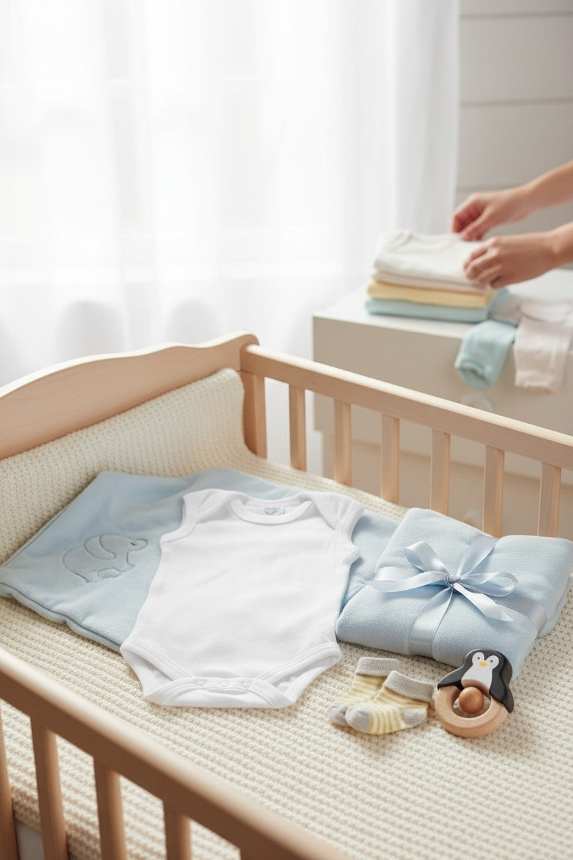 Stork And Baby white sleeveless cotton baby bodyvest for premature infants, with blue elephant blanket and penguin toy.