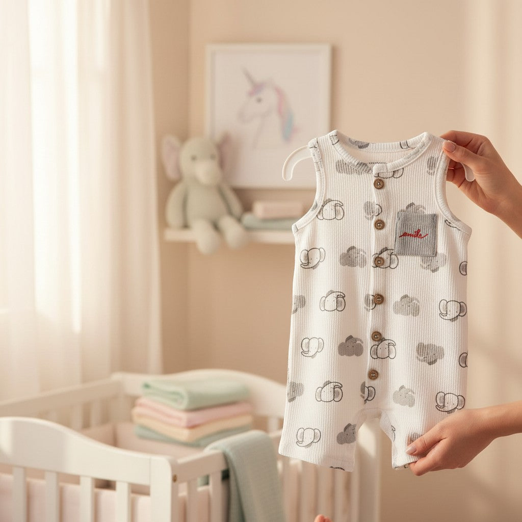 Stork And Baby white sleeveless baby romper with grey elephant and cloud print, button front, and chest pocket.