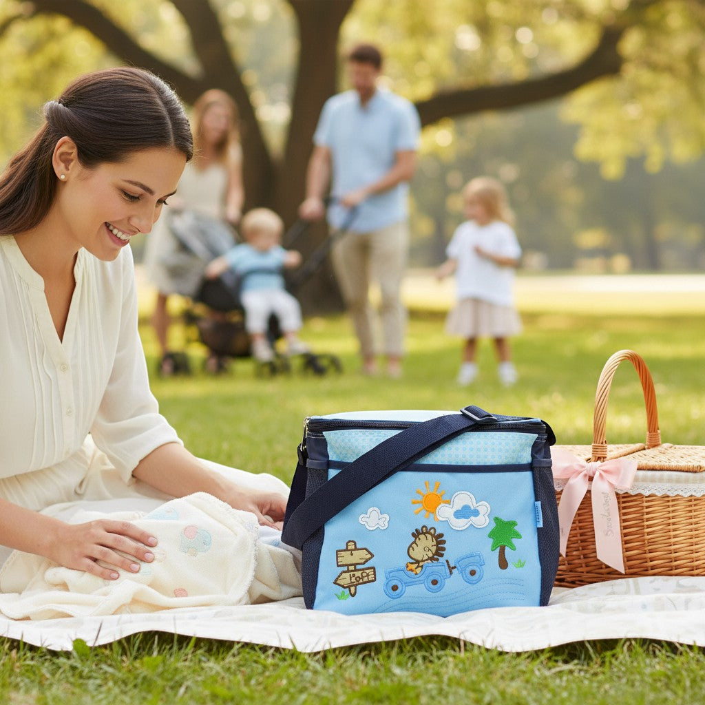 Stork And Baby Small blue diaper bag with a fun zebra and car applique, perfect for quick outings.