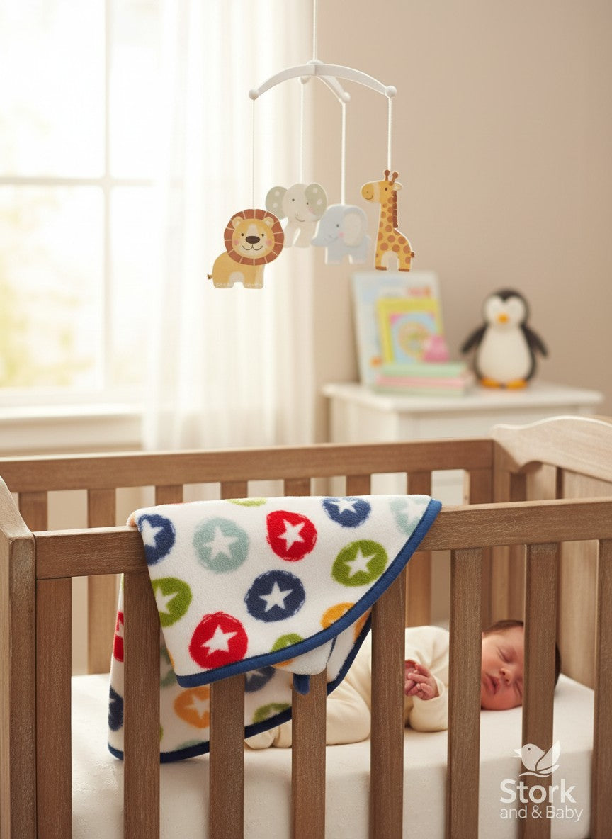 Stork And Baby white coral fleece receiver blanket with colorful stars pattern and blue trim. Newborn baby sleeping in crib.