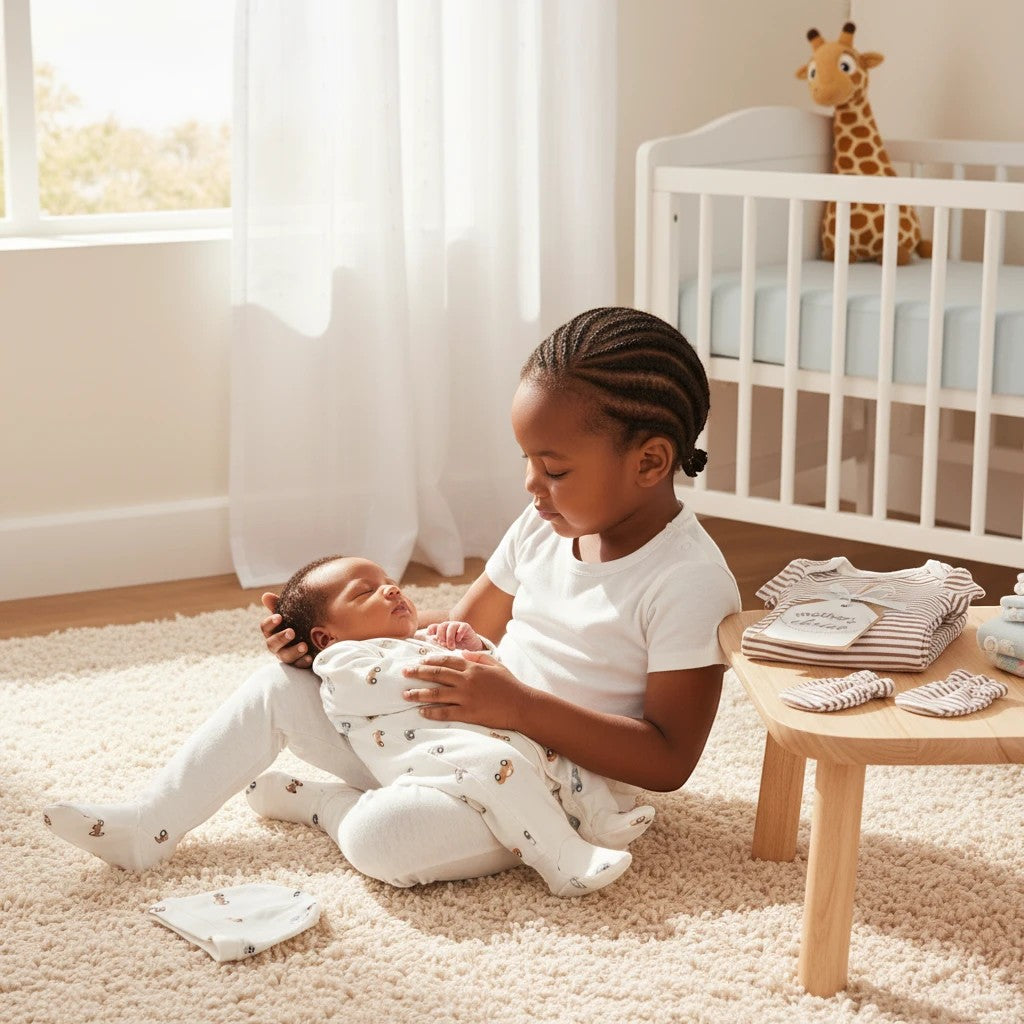 Stork And Baby 5 piece starter pack with Stone Truck design, 100% cotton, for newborns.
