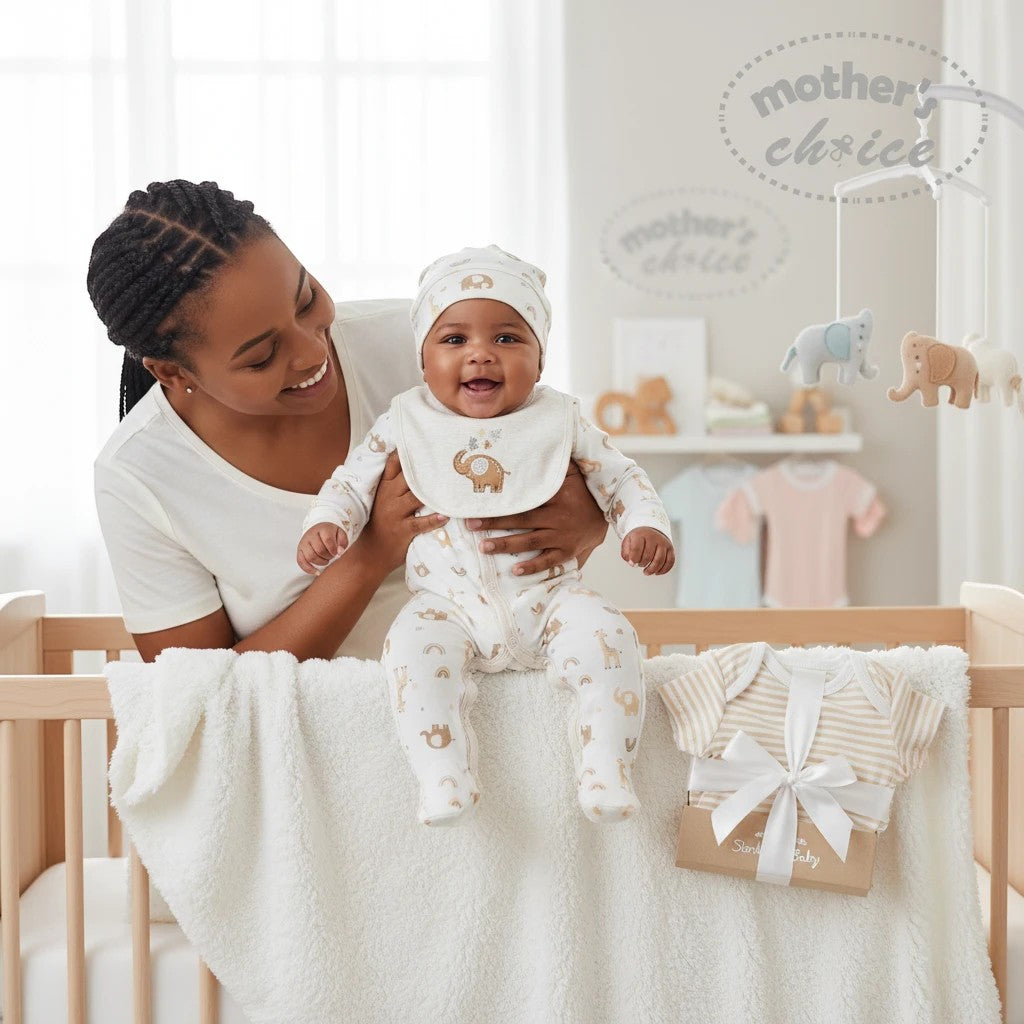 Stork And Baby Mothers Choice 5 Piece Starter Pack Stone Zoo newborn set with a baby wearing a romper, hat, and bib with animal print.