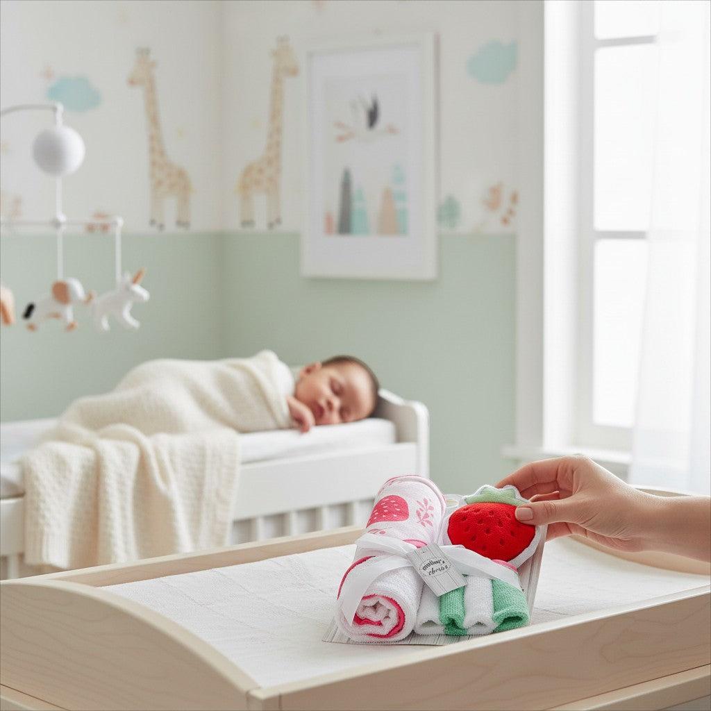 Stork And Baby hooded towel and washcloths set with strawberry design and wash sponge.