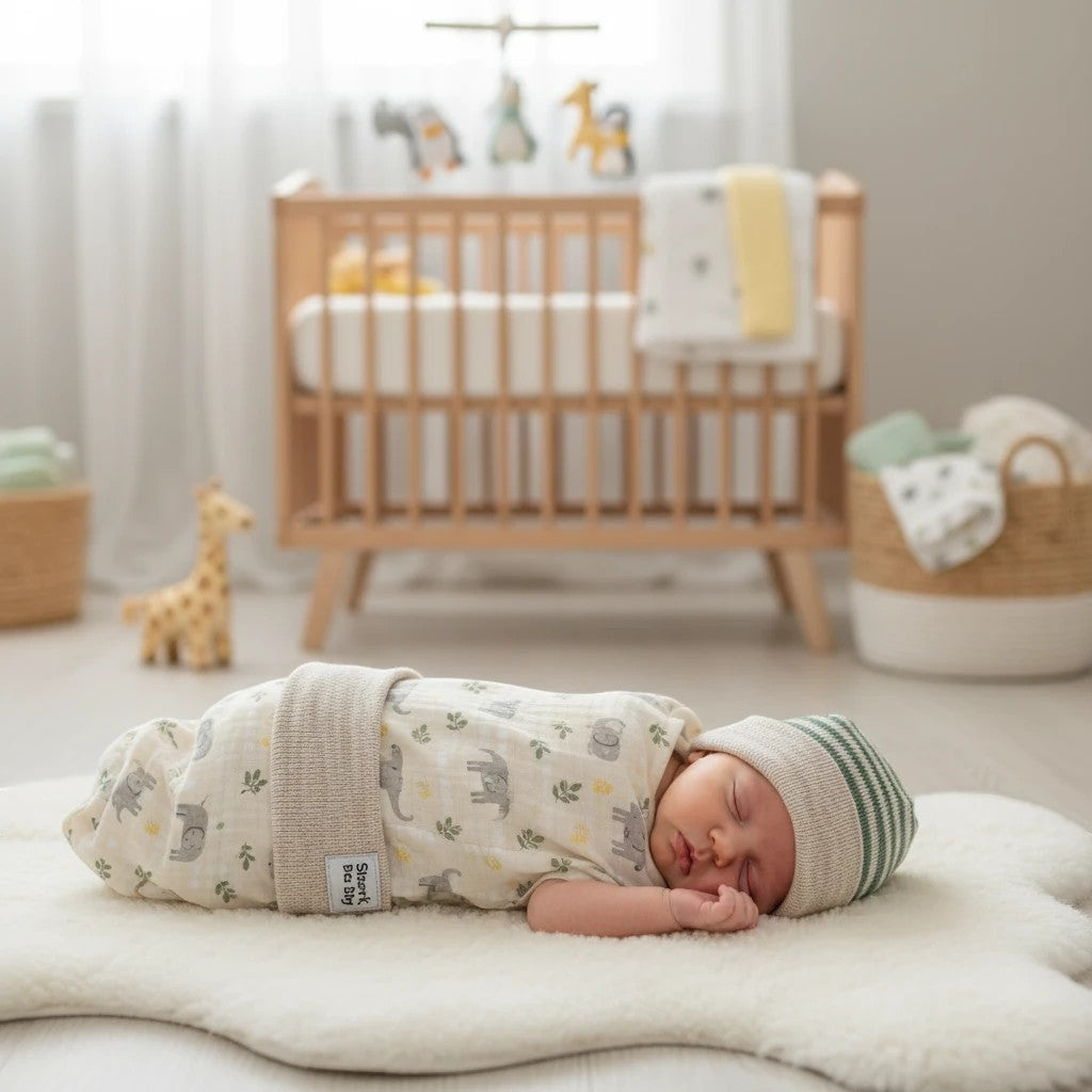 Stork And Baby striped green and beige knit baby hat with elephant print swaddle