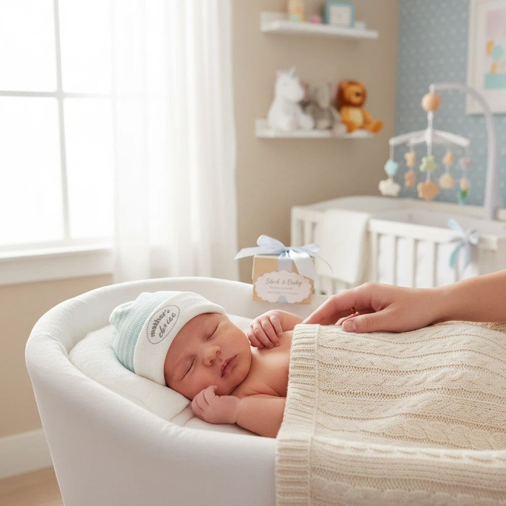 Stork &amp; Baby light blue and white striped infant winter hat with "mother's choice" embroidery.