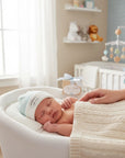 Stork & Baby light blue and white striped infant winter hat with "mother's choice" embroidery.