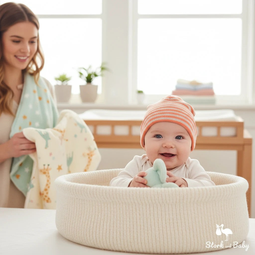 Stork And Baby orange and white striped knit baby hat. Happy baby sitting in a basket.
