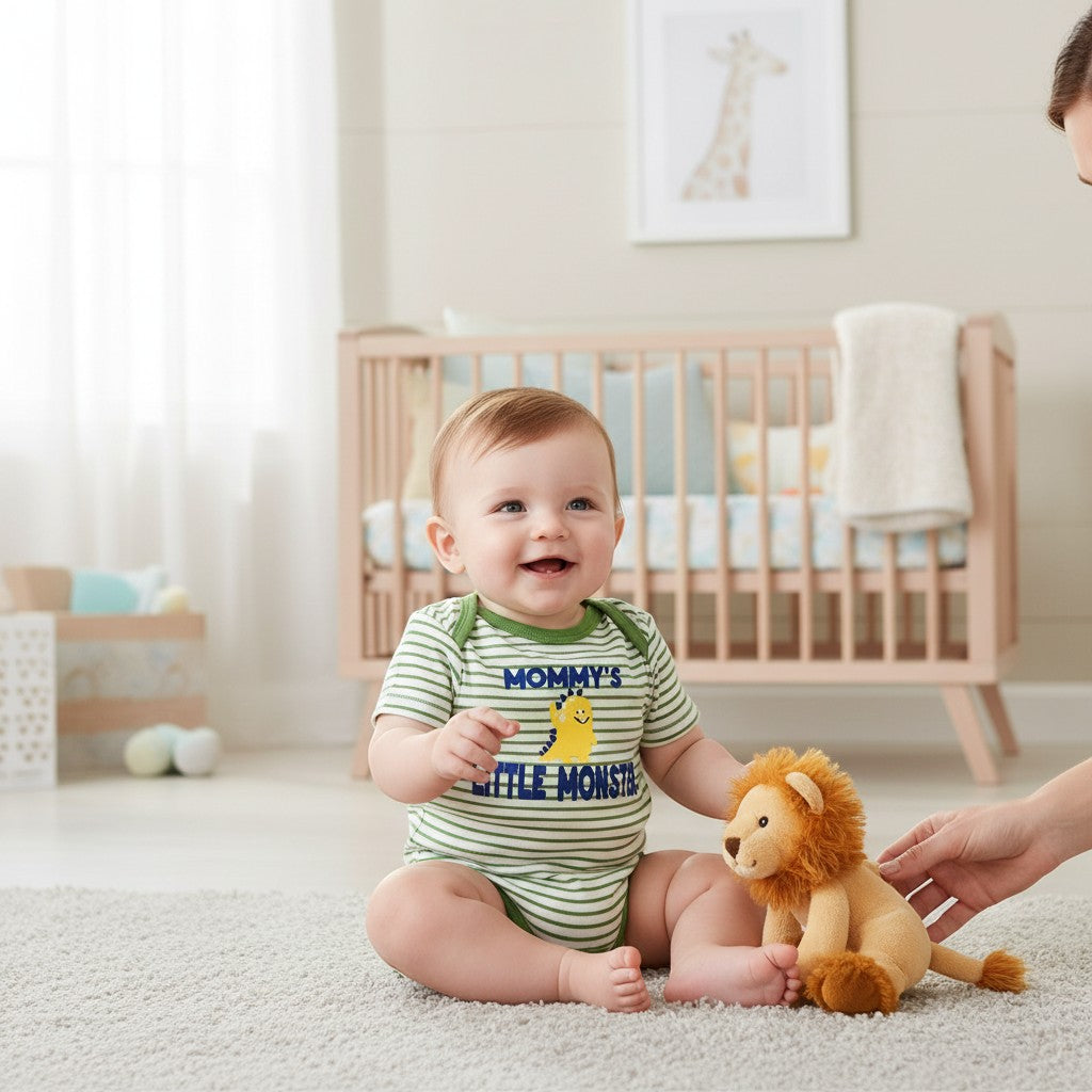 Stork And Baby green and white striped baby romper with 'Mommy's Little Monster' graphic. Baby sitting on rug.