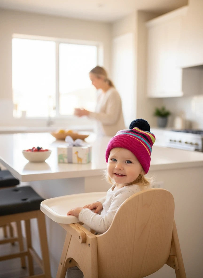 Stork And Baby infant winter hat with pink, blue, and yellow stripes and a navy pom-pom. A smiling baby sits in a high chair.