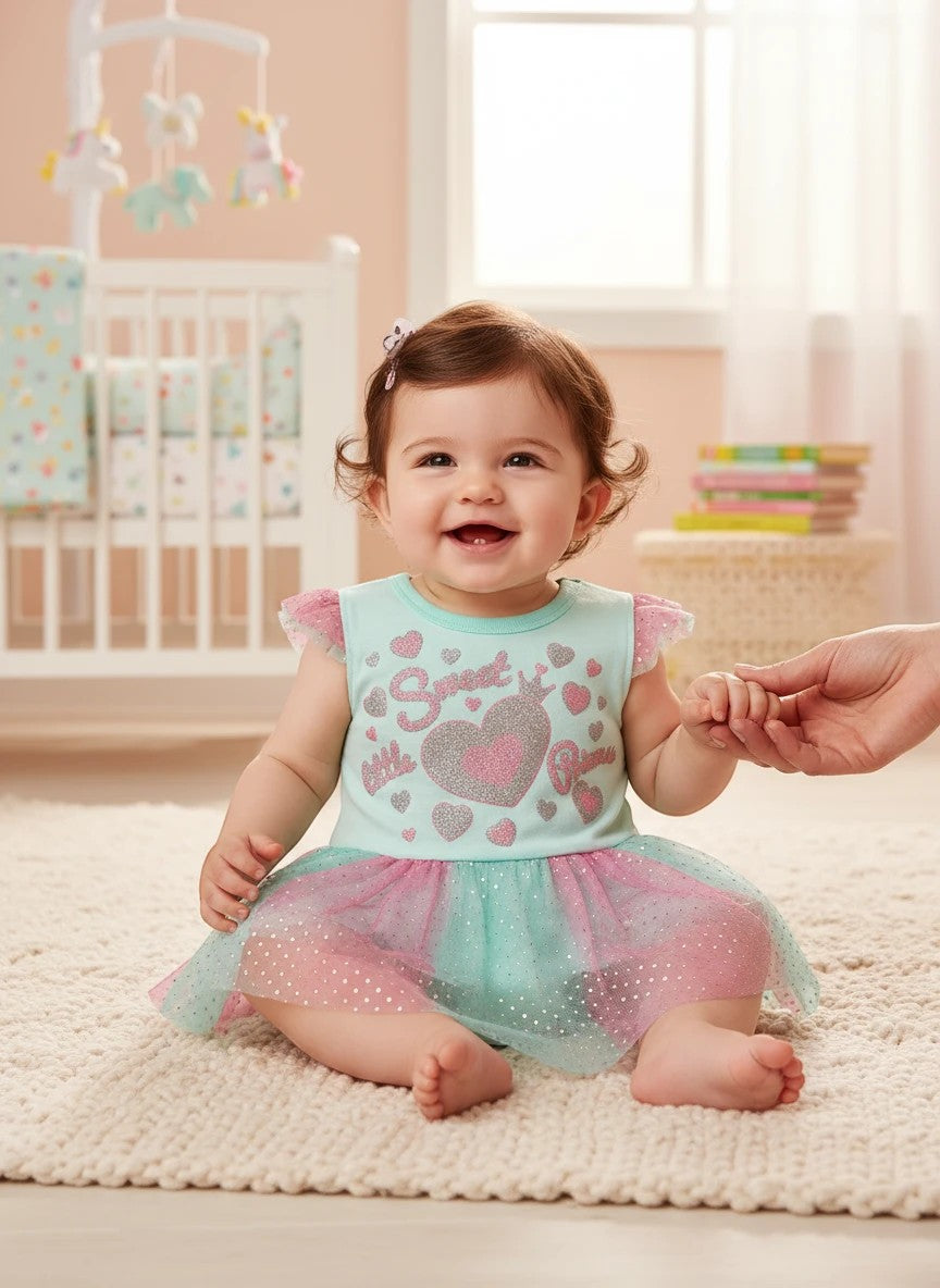 Stork And Baby mint green cotton bodysuit with pink and mint glitter skirt, featuring 'Sweet Little Girl' graphic.