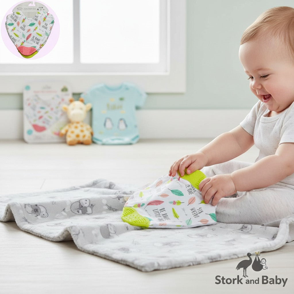Stork and Baby 2 pack teether bibs with feathers and