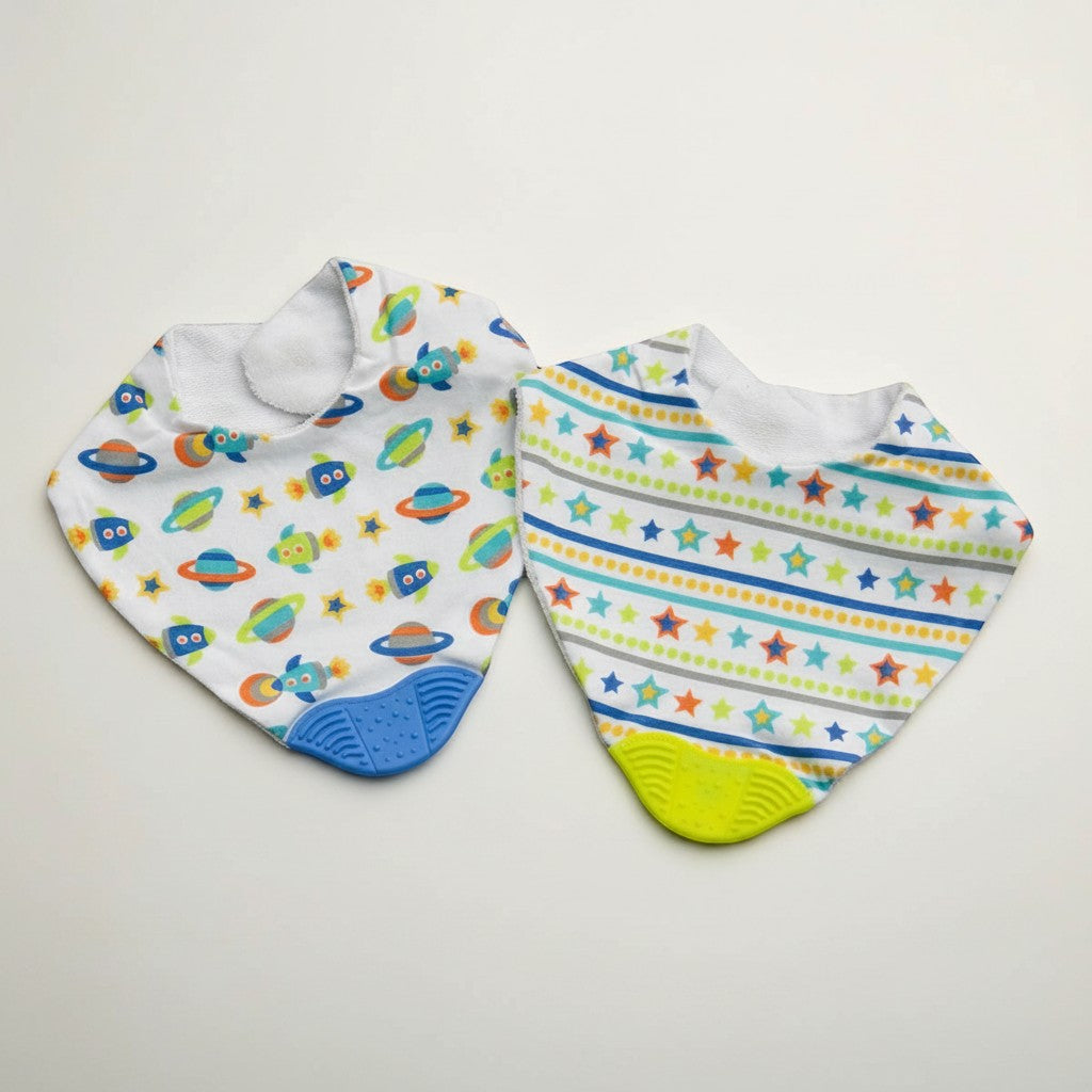 Stork And Baby 2 pack bandana bibs with space and star prints. One bib features planets and rockets, the other has colorful stripes and stars. Both have attached silicone teethers.