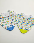 Stork And Baby 2 pack bandana bibs with space and star prints. One bib features planets and rockets, the other has colorful stripes and stars. Both have attached silicone teethers.