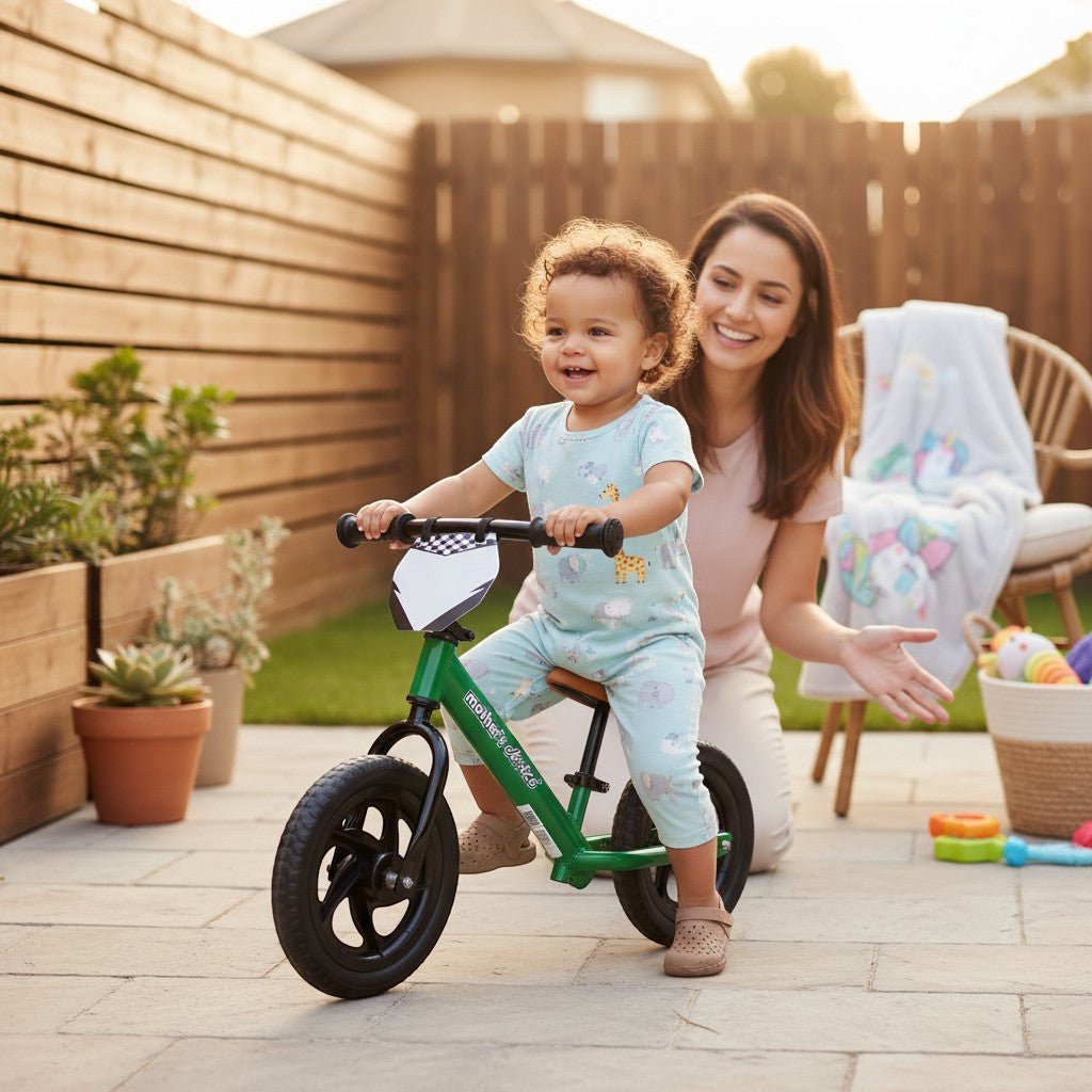 Stork And Baby green toddler balance bike with a smiling child riding and a woman kneeling behind them.
