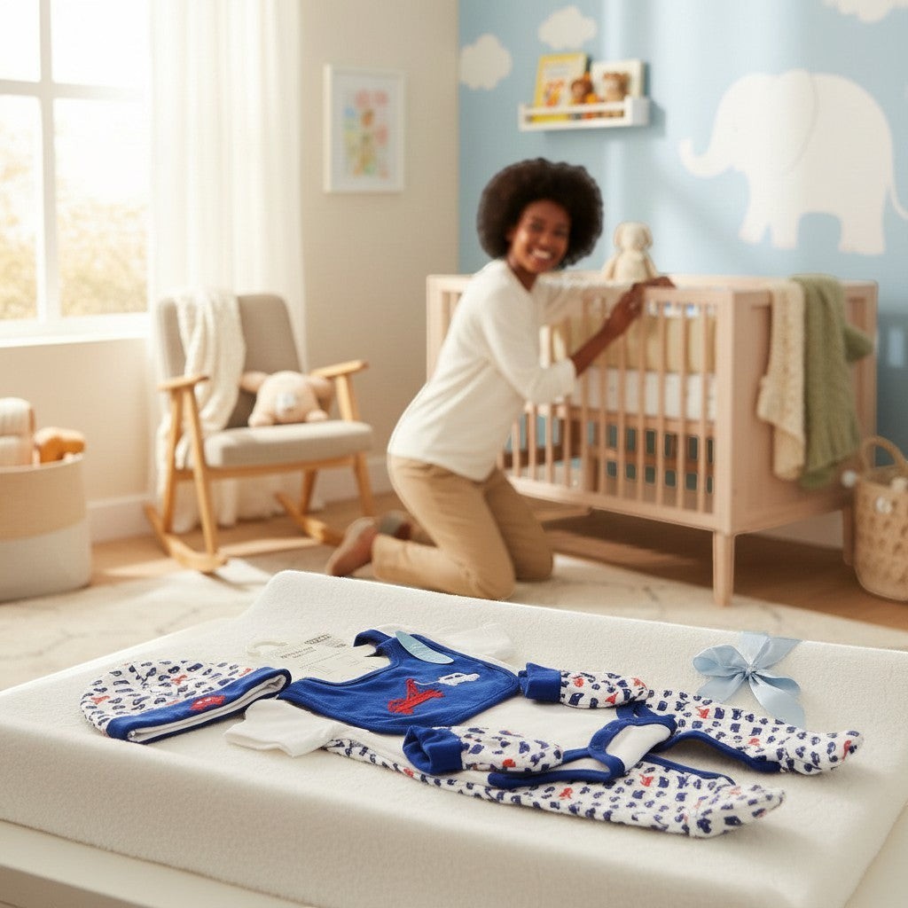 Stork And Baby 5 piece baby boy starter pack with tow truck print, includes growsuit, vest, hat, bib, and socks. Soft cotton for comfort.