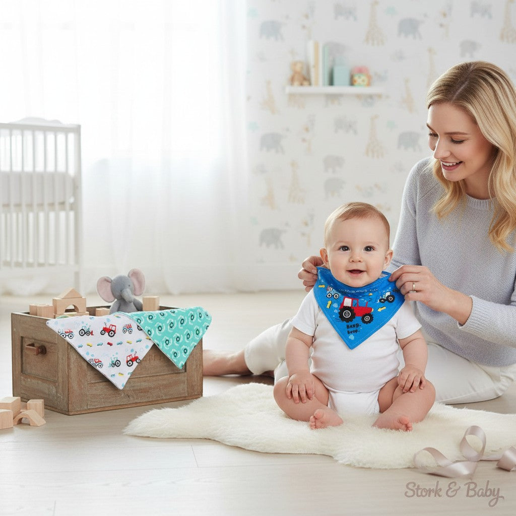 Stork And Baby boys' blue tractor bandana bib with red tractor graphic and white lettering. Soft cotton for feeding.