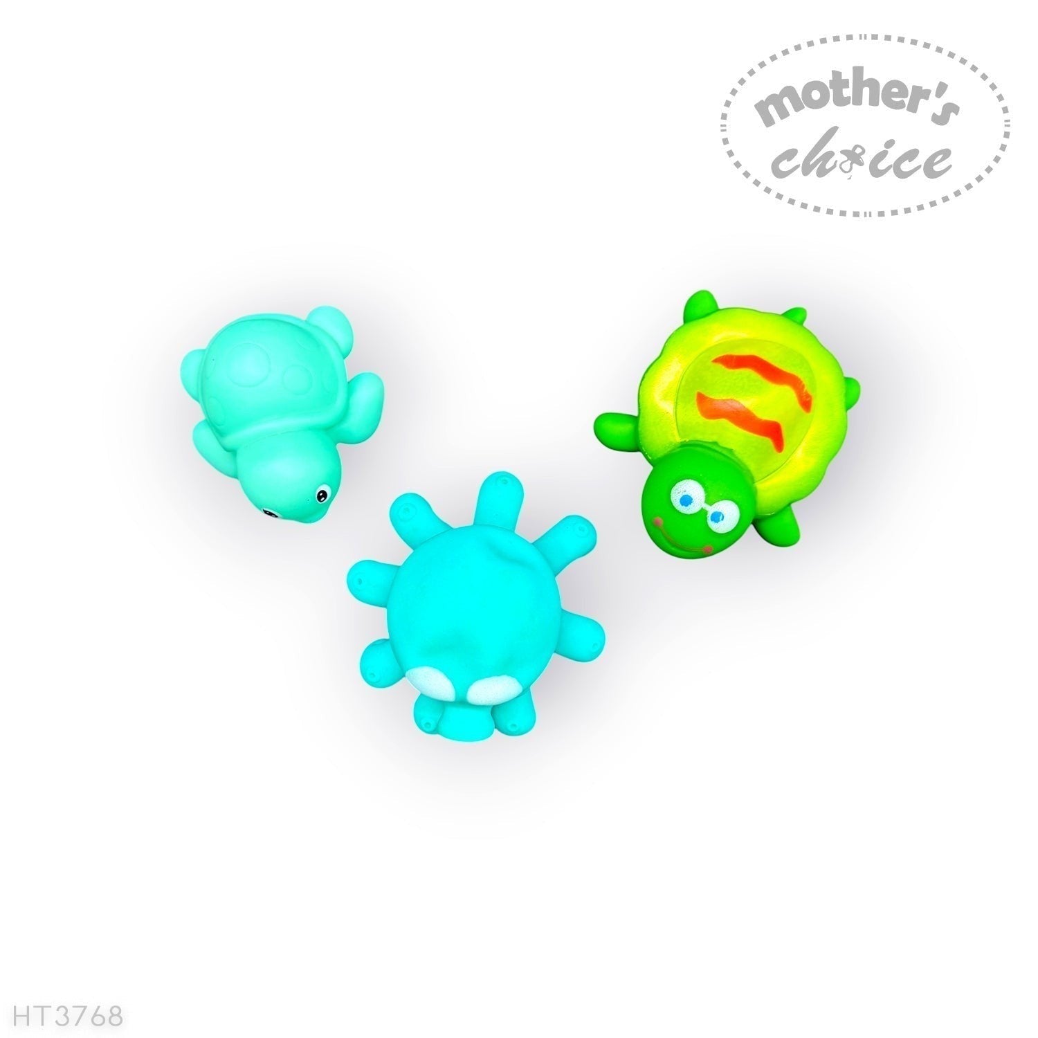 Stork And Baby Mothers Choice set of three colourful turtle and sea creature bath toys for babies