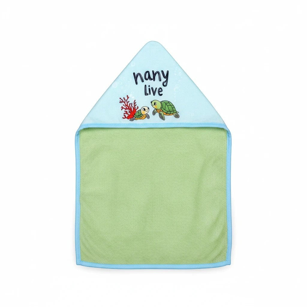 Stork And Baby Mothers Choice hooded baby towel in light blue and green with a cute turtle and coral embroidery