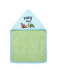 Stork And Baby Mothers Choice hooded baby towel in light blue and green with a cute turtle and coral embroidery