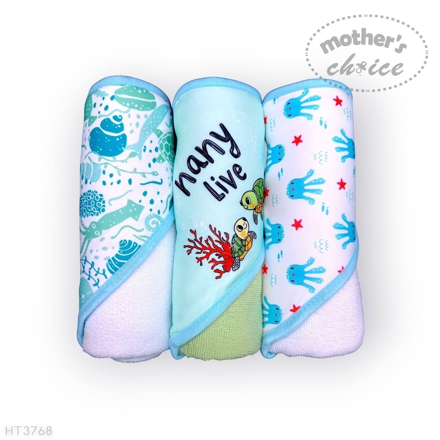 Stork And Baby Mothers Choice 3 pack baby hooded towels featuring turtle and sea life prints in blue and white