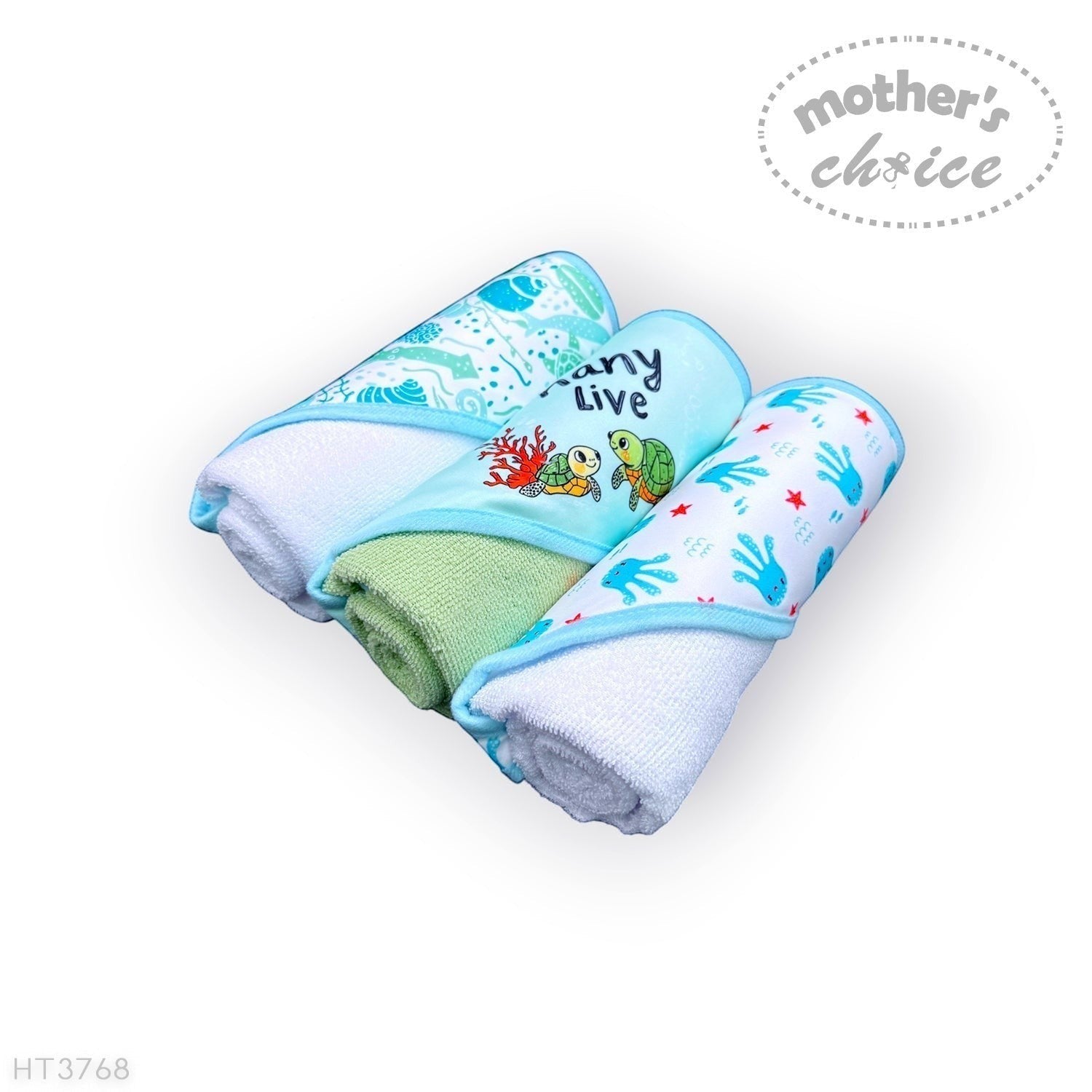 Stork And Baby Mothers Choice 3 pack baby hooded towels with turtle and sea life prints in blue, green, and white