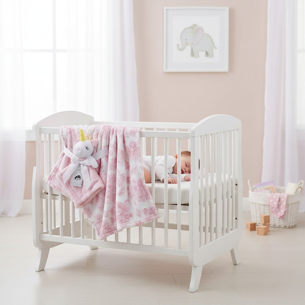 Stork And Baby pink floral baby blanket with attached unicorn plush toy. Perfect for nursery.