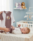Stork And Baby brown and white velour baby grower with bear applique and polka dots. Cozy all-in-one design.