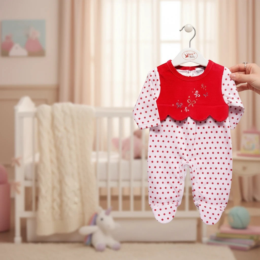 Stork And Baby white velour baby grower with red polka dots and a red scalloped bib with embroidered butterflies.
