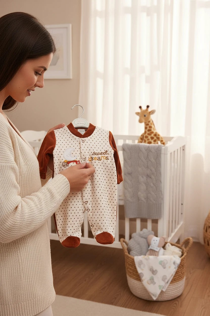 Stork And Baby cream velour baby grower with brown polka dots and "sweet dreams" embroidery. Features brown cuffs and feet.