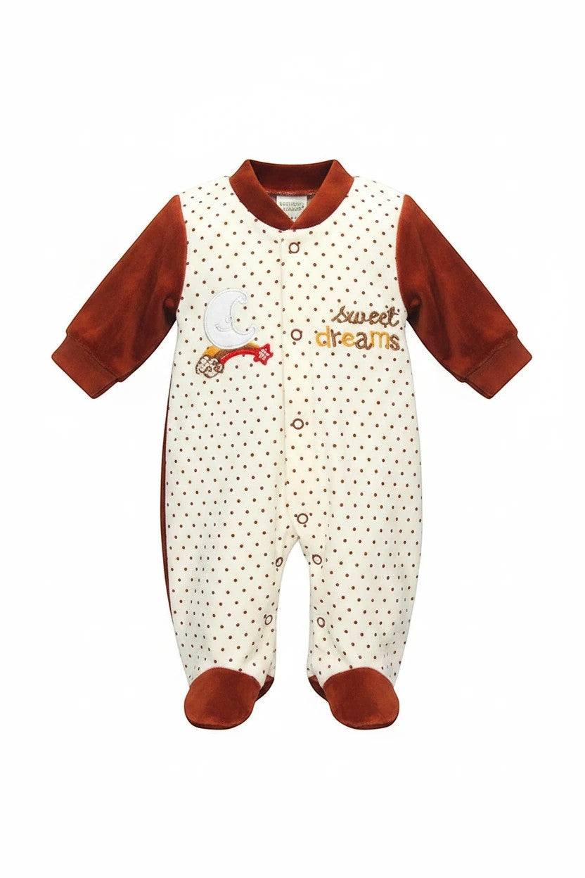 Stork And Baby cream velour baby grow with brown polka dots, moon embroidery and "sweet dreams" text.